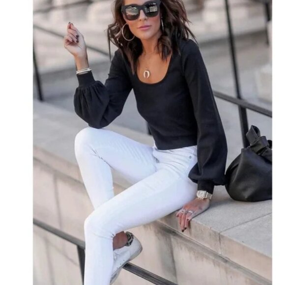 NWT The Drop @lucyswhims Square Neck Balloon Sleeve Ribbed Top, L - Picture 4 of 11